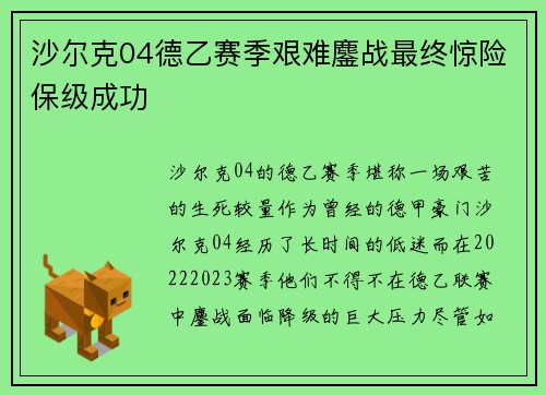 沙尔克04德乙赛季艰难鏖战最终惊险保级成功 沙尔克04德乙赛季艰难鏖战最终惊险保级成功