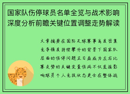 国家队伤停球员名单全览与战术影响深度分析前瞻关键位置调整走势解读 国家队伤停球员名单全览与战术影响深度分析前瞻关键位置调整走势解读
